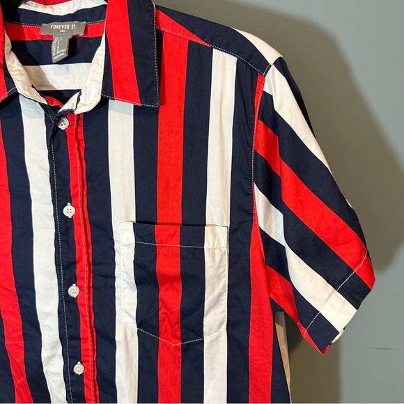 Forever 21 Blue/Red/White Striped Button Up Short Sleeve Collared Shirt - Picture 9 of 12